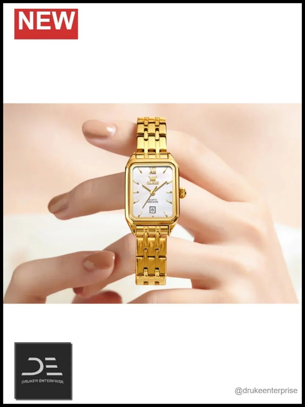 Square Stainless Steel Bracelet Watch with Date, Quartz Movement, Water